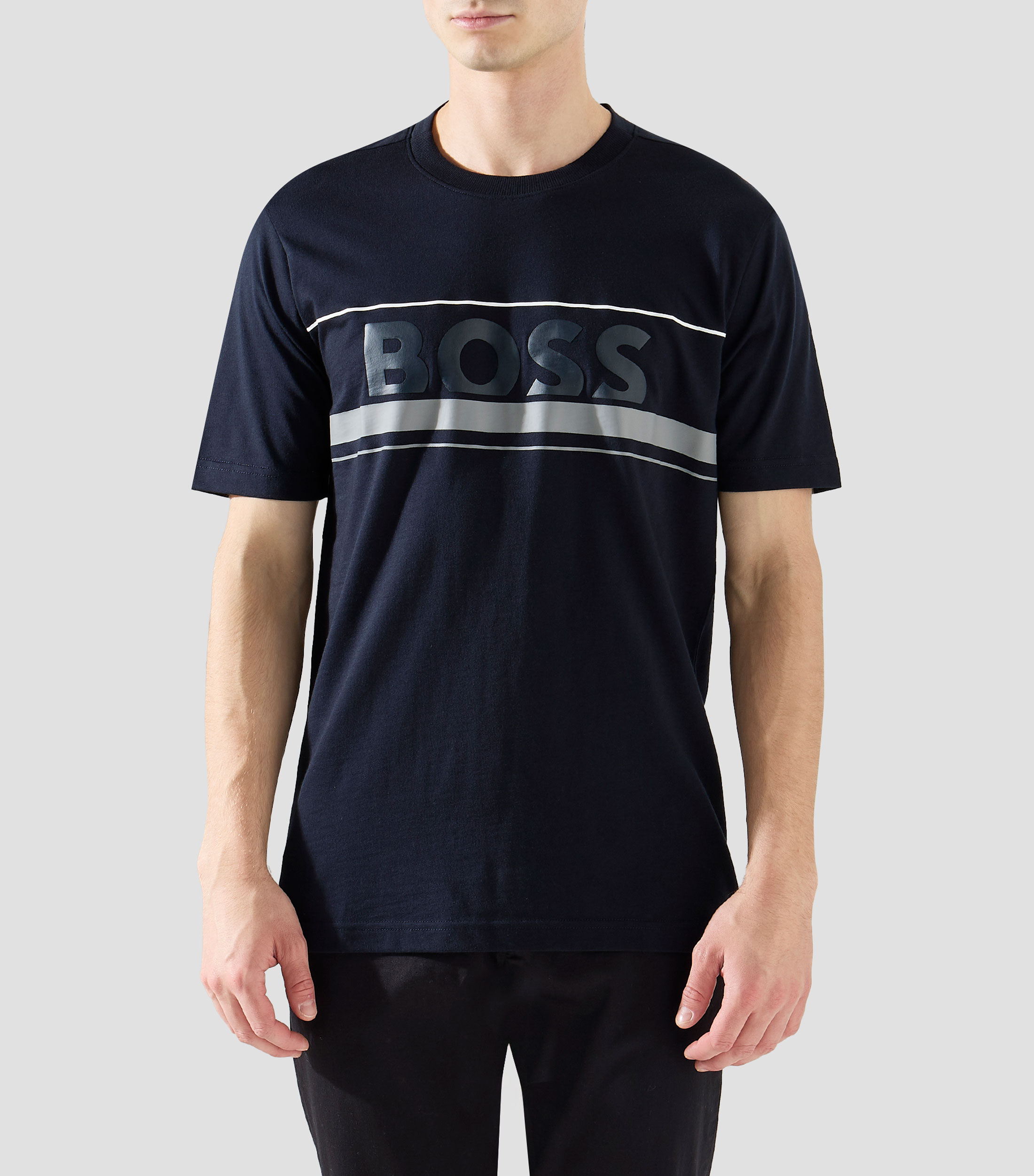 Playera en punto de algodón con rayas y logo Hombre
